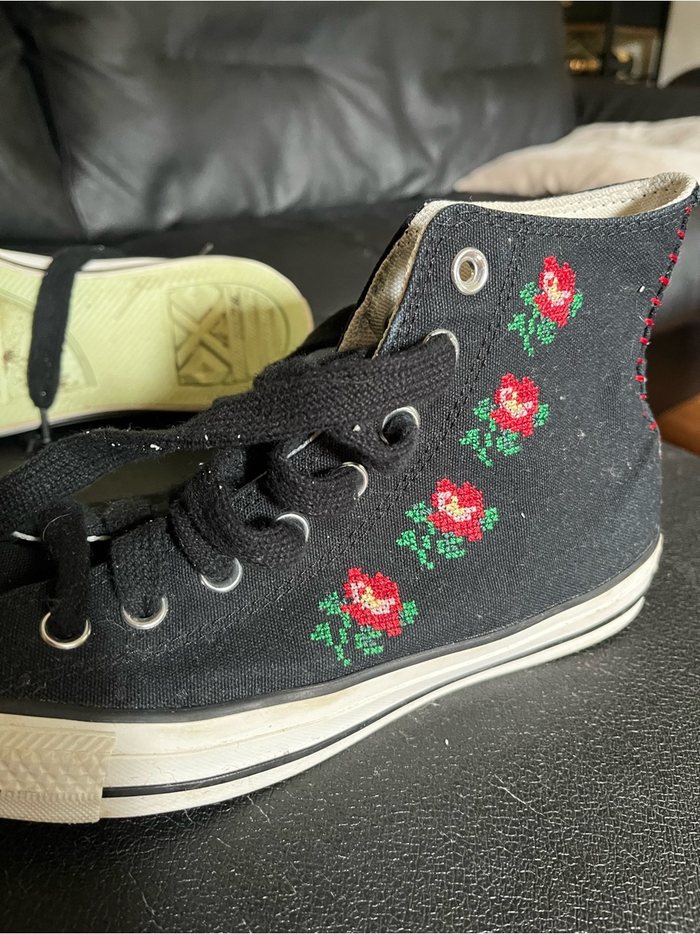Converse Black High-Top Sneakers with Red Rose Embroidery size 10